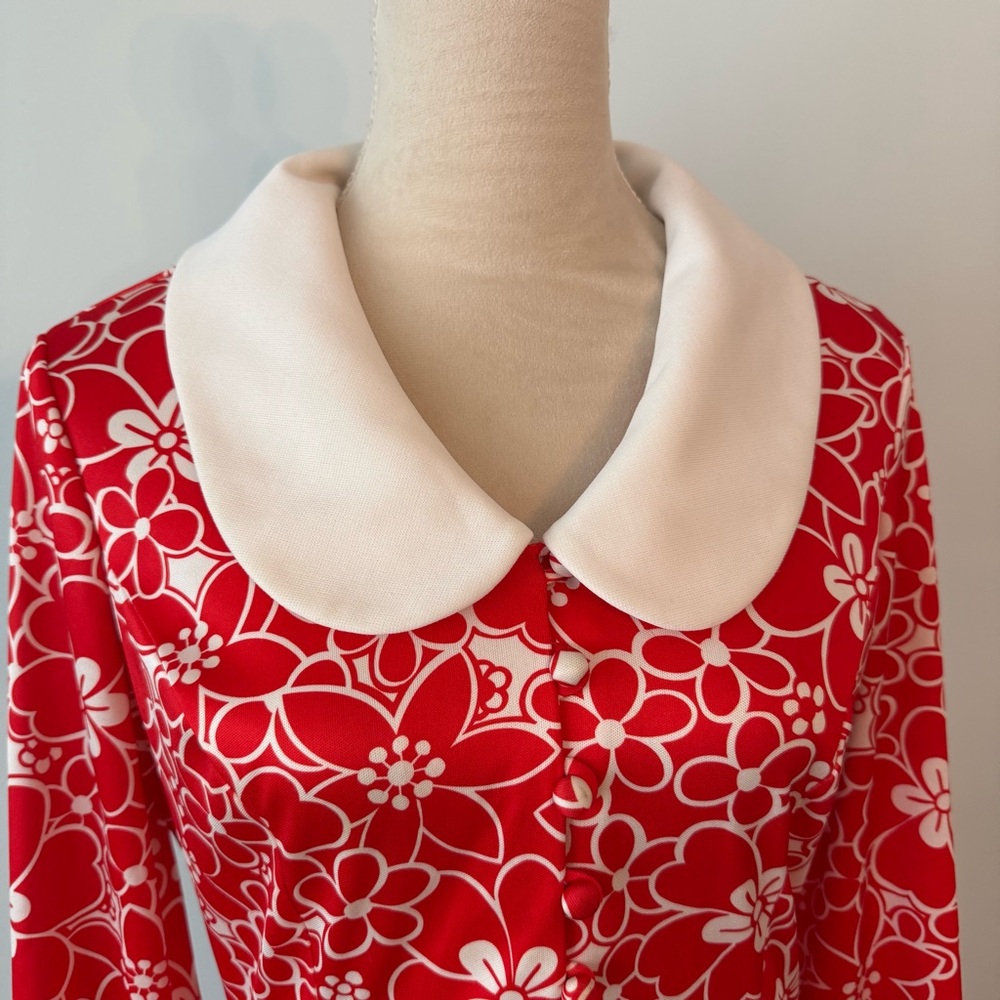 🌺 Vintage Emilio Borghese Red Floral Mod Dress Peter Pan Collar 70s Flawed Sz M - Picture 3 of 16